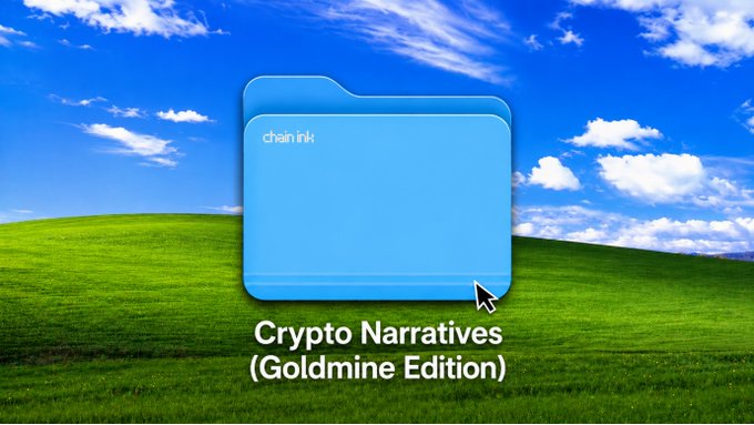 A blue folder labeled "chain ink" sits on a classic green hills and blue sky background, with a cursor hovering over it and the text "Crypto Narratives (Goldmine Edition)" displayed below. The whimsical image serves as a visual metaphor for an organized "folder" containing the listed crypto narrative categories, including RWA (Real World Assets) projects like Chainlink (LINK), Ondo (ONDO), and Centrifuge, as well as Robotics projects such as GEODNET, PEAQ, and IoTeX.