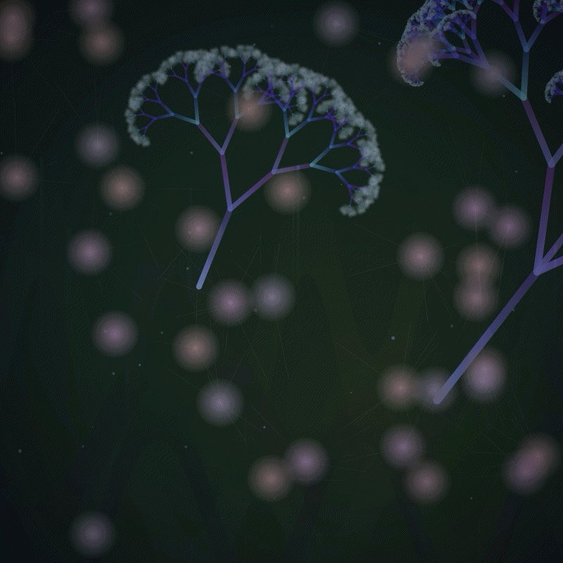 The image features two branches of a tree with purple flowers, set against a dark green backdrop resembling the night sky or a water body's surface reflecting the moonlight. The tree appears to be part of a larger forest, adding depth to the scene. The caption for this image reads "fractalvisions.io/mint/programma …" which is likely referring to the mint project where these two branches are part of their collection program called "Mint phase 1".
