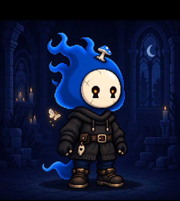 A pixel art illustration of a blue ghost-like character with a mushroom on its head, wearing a dark hooded robe and boots, standing in a candlelit gothic room with arched windows.