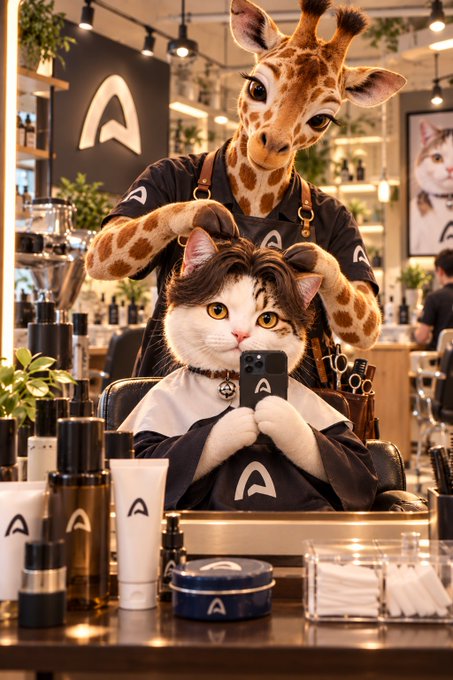 A surreal AI-generated image showing a giraffe dressed as a hairstylist standing behind a cat sitting in a salon chair, with the cat holding a smartphone and the giraffe styling its hair.