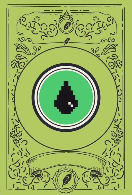A tarot card-style design featuring a pixelated black oil droplet on a green circular background, decorated with ornate floral borders, a feather quill emblem at the top, and a feather insignia seal at the bottom. The image relates to the post as a visual representation of the minted "Oil Tycoons" NFT collection, with the pixelated oil drop symbol referencing the project's branding and the "7X+ floor price" indicating the collection's rising market value.