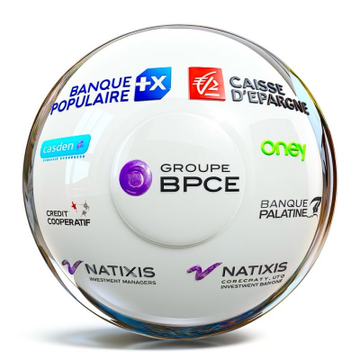 A crystal sphere displaying logos of banking subsidiaries—including Banque Populaire, Caisse d'Épargne, Natixis, Crédit Coopératif, and Banque Palatine—radiating from the central Groupe BPCE emblem, visually representing the parent banking group expanding its cryptocurrency service Hexarq across these affiliated networks to attract young investors.