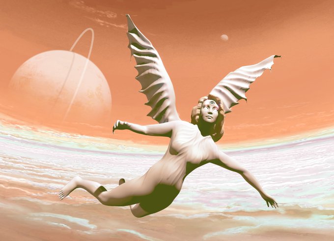 An ethereal, winged figure with a third eye is depicted floating in a surreal, orange-hued alien landscape with ringed planets. The image is a digital artwork from the angel series by @MahsaAli_art, found on objkt.com/users/tz1ikhb6….