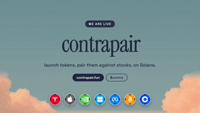 Promotional graphic for "contrapair" with the tagline "launch tokens. pair them against stocks. on Solana," featuring a link to contrapair.fun and various tech logos.
