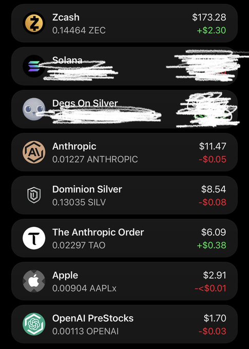 A mobile app portfolio displays cryptocurrency and stock holdings, including visible tickers like 'Zcash' (ZEC), 'Solana' (SOL), 'Anthropic,' 'Dominion Silver,' 'The Anthropic Order' (TAO), 'Apple,' and 'OpenAI PreStocks,' with some entries scribbled out in white.