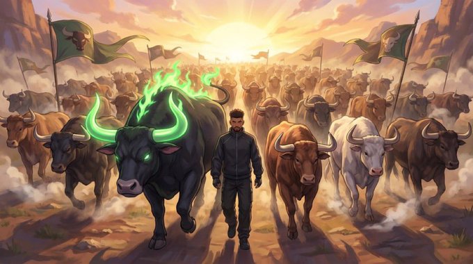 A man stands at the center of a vast herd of charging bulls—including one with glowing green horns and a fiery mane—symbolizing the power and momentum of the $ANSEM movement, which aims to return value to the users who create attention on platforms like Instagram. The flags bearing bull imagery reinforce the bullish, ownership-empowering theme of taking back the upside from corporate giants.