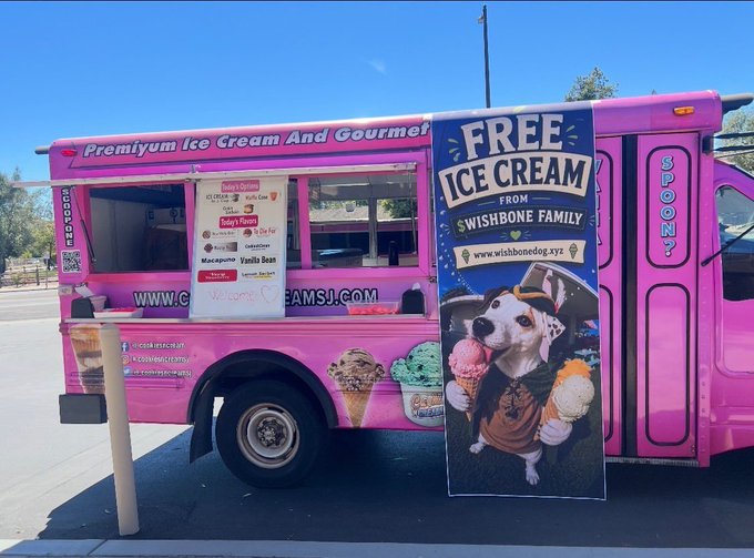 A bright pink "Ozzo" ice cream truck advertises "FREE ICE CREAM FROM WISHBONE FAMILY" with a website (wishbonedog.xyz) and a photo of a dog eating ice cream, promoting the $WISHBONE brand in a creative real-world marketing campaign.
