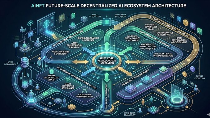 The image presents a detailed diagram illustrating the future-scale decentralized AI ecosystem architecture. The diagram features various elements such as AI technology, AI platforms, AI systems, and AI applications. It also includes people interacting with these technologies and AI systems. The post emphasizes the importance of scalable infrastructure for supporting AI generation systems, immersive digital environments, decentralized economies, and intelligent social interaction simultaneously.