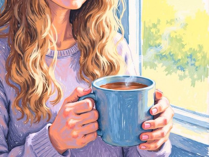 A digital illustration of a woman with long wavy blonde hair holding a steaming blue mug by a sunlit window.