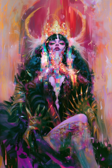 A digital painting depicts a regal female figure with dark hair and a crown, surrounded by vibrant pink, orange, and teal hues with flowing feathered or wing-like adornments, fitting the "Royal Self Portrait #55" title shared in the post promoting an NFT listing on objkt.com.