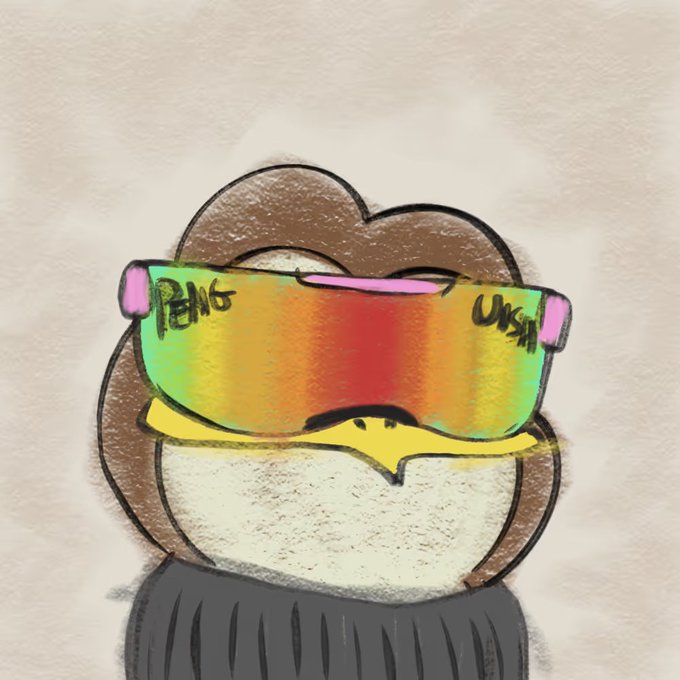 A cartoon penguin wearing oversized, iridescent rainbow ski goggles branded with "Peng" and "Uniswap" text, paired with the caption "Always good to own a Penguish" — a playful nod to the Pudgy Penguins NFT collection and the Uniswap crypto exchange, suggesting the character represents owning this NFT-related token.