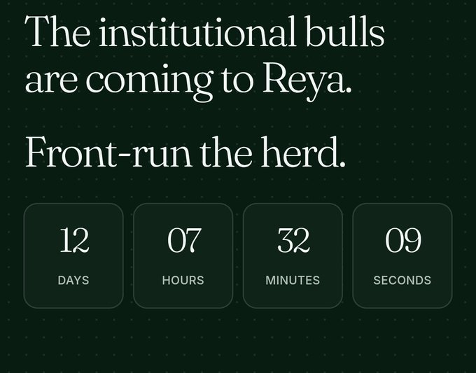 A countdown timer graphic stating 'The institutional bulls are coming to Reya. Front-run the herd.' with 12 days, 7 hours, 32 minutes, 9 seconds remaining.
