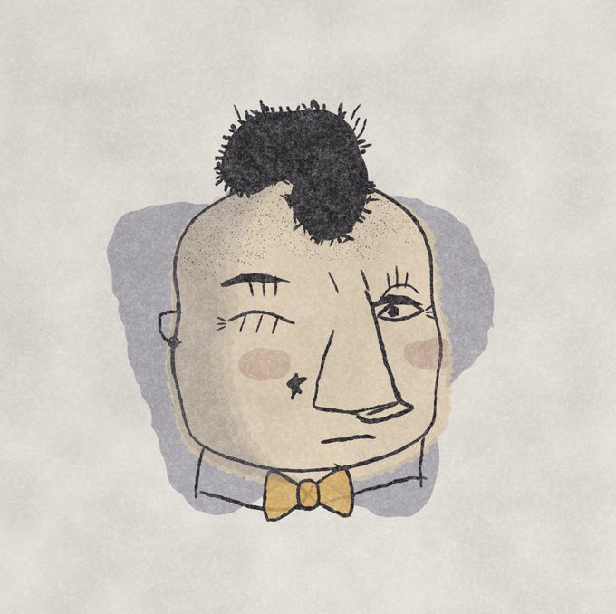 An illustration of a stylized man's face with a black mohawk, a prominent long nose, one closed winking eye, and wearing a yellow bow tie.
