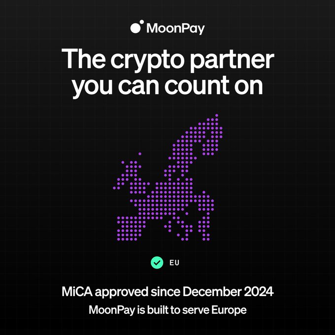 MoonPay promotional graphic featuring a purple dot-matrix map of Europe with the text "The crypto partner you can count on," a green checkmark labeled "EU," and the message "MiCA approved since December 2024 — MoonPay is built to serve Europe," highlighting their regulatory compliance under the EU's MiCA framework.