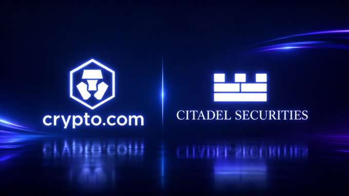 A blue promotional graphic featuring the crypto.com logo alongside the Citadel Securities logo, suggesting a business partnership between the two financial entities.