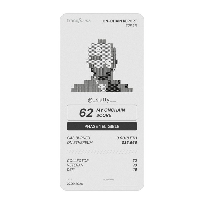 A 'traceforms' ON-CHAIN REPORT card for user '@_.slatty.__' showing a Top 2% ranking, an Onchain Score of 62, Phase 1 eligibility, and stats including 9.9018 ETH gas burned and DeFi/Collector/Veteran metrics.
