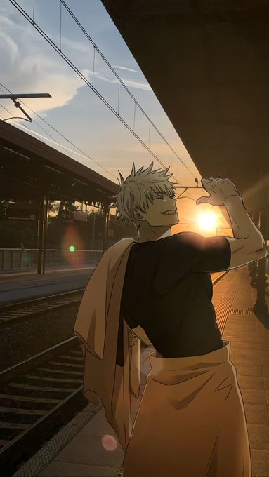 Anime-style illustration of a spiky-haired character looking back over their shoulder while holding up a phone to photograph a sunset at a train station platform.
