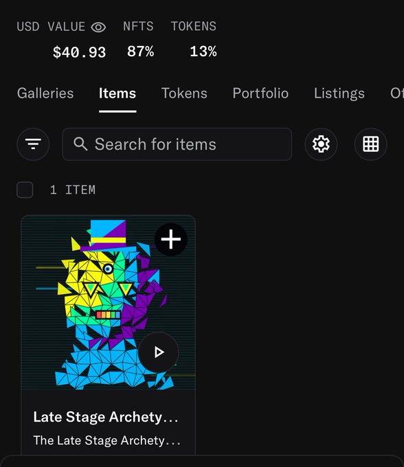 A screenshot of an NFT portfolio showing a $40.93 USD value with one item — a colorful, geometric NFT titled "Late Stage Archety..." by The Late Stage Archety... collection — directly reflecting the post's excitement about minting a WizardX NFT and sharing spots with the community before reveal.