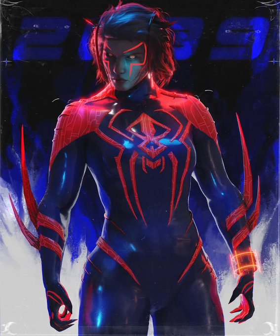 The image shows a stylized comic book-style illustration of Spider-Man 2099, featuring a character in a dark blue suit with glowing red spider emblems, red lines, and sharp blade-like arm extensions. Behind him, the text "2099" is prominently displayed in bold blue letters, directly referencing the "2099" collection name mentioned in the post about the available 10 editions on Manifold.