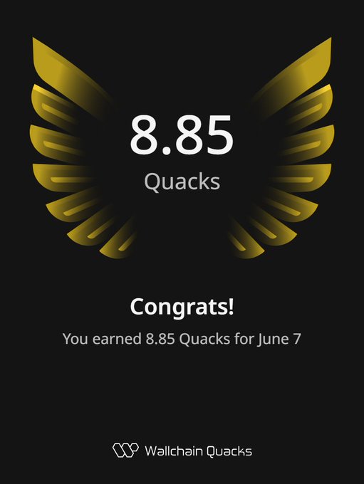 The image features a poster with an illustration of a bird's wing design, which has gold accents. The text on the poster congratulates the user for earning 8.85 Quacks over the weekend. The poster also includes information about the Wallchain Quacks community and how it works.