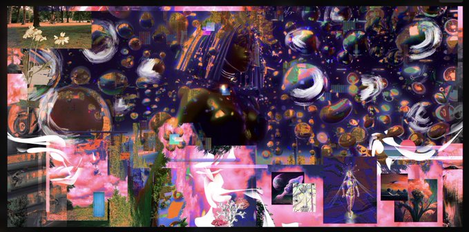 An abstract, colorful collage-like digital artwork featuring numerous translucent spheres or bubbles, floral elements, and landscape imagery in pink, purple, and dark tones.