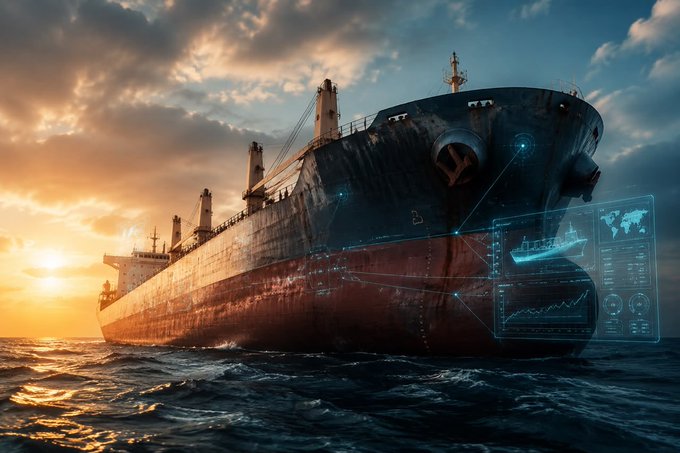 A large cargo ship at sea during sunset, overlaid with glowing blue holographic data displays showing maps and analytics.