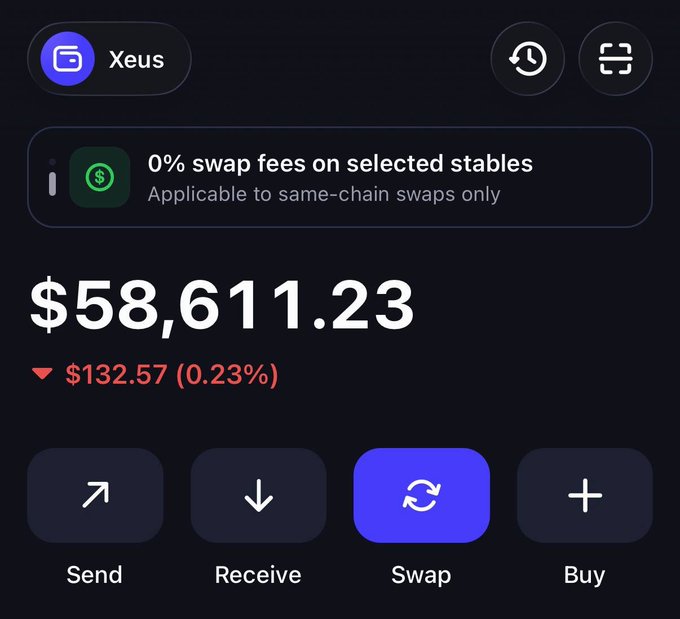 The image shows a Xeus crypto wallet interface displaying a balance of $58,611.23 with a $132.57 (0.23%) decrease, featuring action buttons for Send, Receive, Swap, and Buy.

The image appears to be unrelated to the giveaway post, though it could be used as evidence of cryptocurrency holdings to demonstrate credibility for the $200 giveaway to 20 winners.