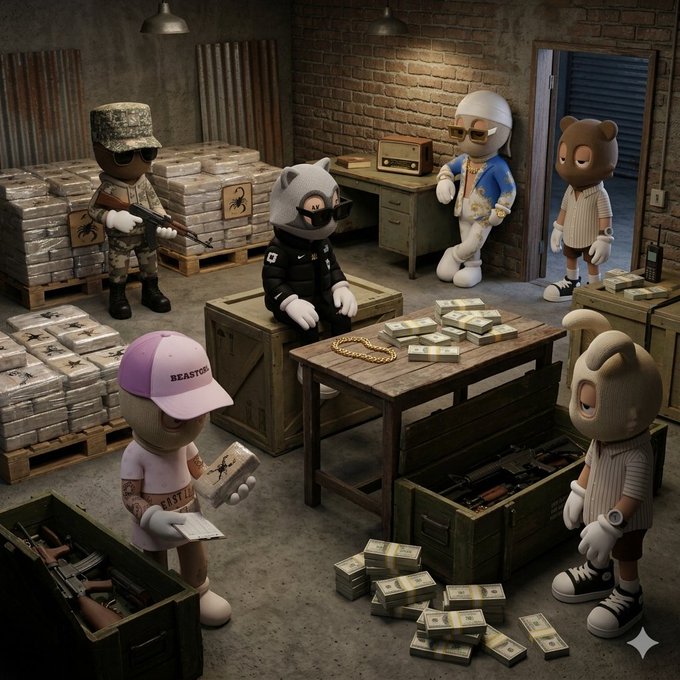 A 3D rendering of cartoon-style bear characters in a warehouse setting with stacks of money, weapons crates, and a central character sitting behind a table with cash and a gold chain.