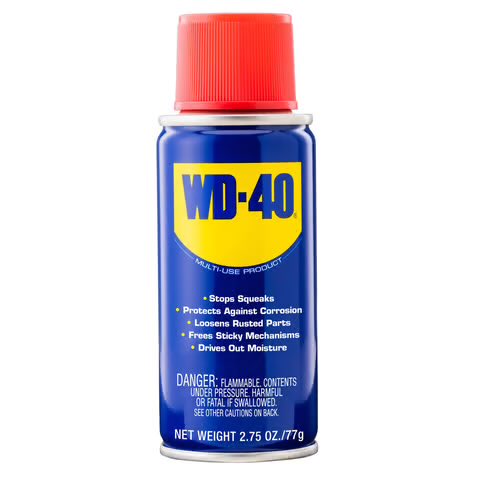 A can of WD-40 Multi-Use Product with a red cap, listing features like 'Stops Squeaks', 'Protects Against Corrosion', 'Loosens Rusted Parts', 'Frees Sticky Mechanisms', and 'Drives Out Moisture' on its blue and yellow label, showing a net weight of 2.75 OZ/77g.