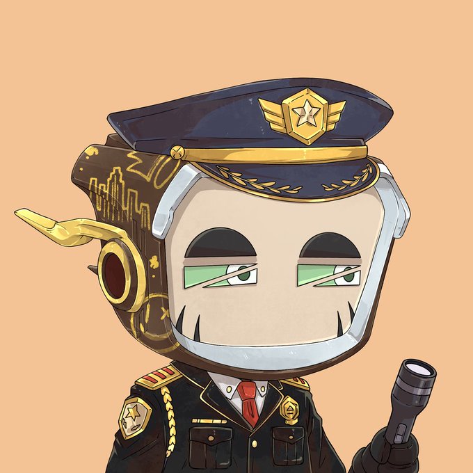 A cartoon illustration of a character with a rectangular metal face, wearing a military cap and uniform, with one mechanical ear and cityscape designs on the side of the head.