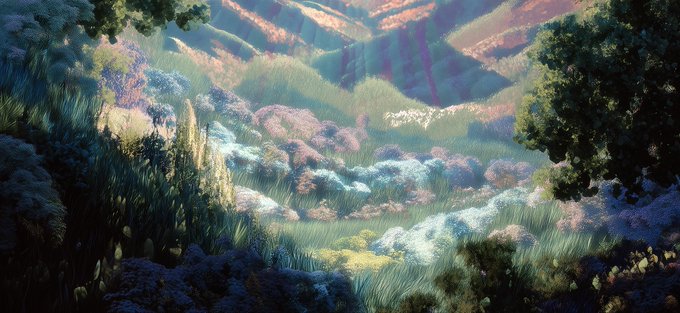 A vibrant, colorful landscape illustration depicting a lush valley with various plants, flowers, and rolling hills in an impressionistic style.