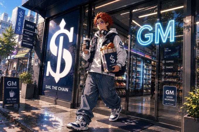 Anime-style illustration of a red-haired character in streetwear holding a drink and bread outside a 'GM' convenience store with a dollar sign logo and 'SAIL THE CHAIN' branding.