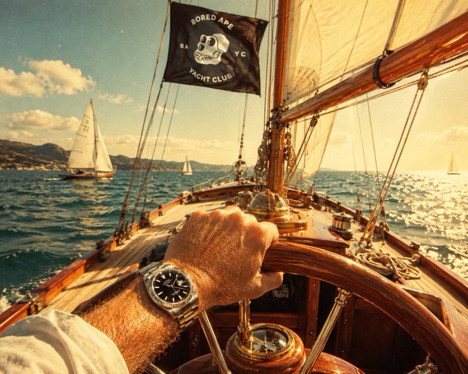 A first-person view from the helm of a sailboat shows a hand wearing a Rolex watch gripping the wooden wheel, with a 'Bored Ape Yacht Club' pirate flag flying and other sailboats visible in the distance.