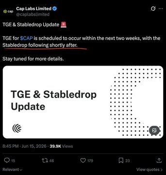 A screenshot of Cap Labs Limited's tweet announcing a delayed $CAP TGE and Stabledrop update, with the key line "TGE for $CAP is scheduled to occur within the next two weeks, with the Stabledrop following shortly after" underlined in red, suggesting frustration that the team knew about delays earlier than disclosed.