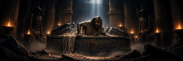 A dark, atmospheric digital artwork depicts a stone sarcophagus in an ancient temple, illuminated by dramatic overhead light and torches along the columns.