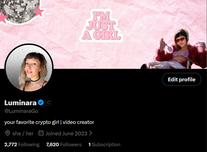The image shows a Twitter/X profile for "Luminara" (@LuminaraGo), describing her as "your favorite crypto girl | video creator," with 2,772 Following, 7,620 Followers, and 1 Subscription, alongside an "I'm just a girl" banner. This matches her post announcing her excitement about joining Cysic, where she proudly displays the new badge on her profile.
