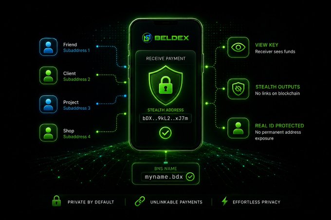 A promotional graphic for BELDEX cryptocurrency showcasing its privacy features including View Key, Stealth Outputs, Real ID Protected, with subaddress examples (Friend, Client, Project, Shop) and a stealth address 'bDX..9kL2...xJ7m'.