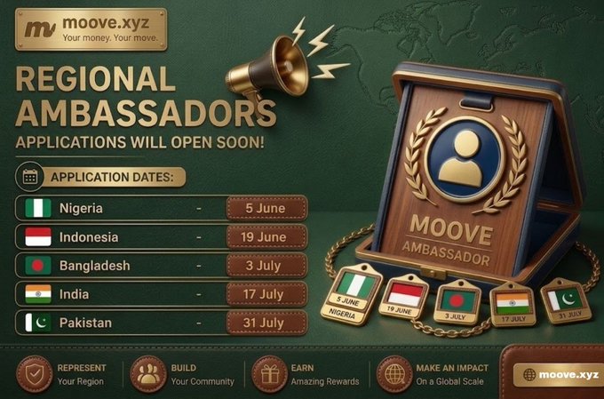 The image features a poster for the @moovexyz Regional Ambassador Program, which is an initiative aimed at promoting Web3 adoption worldwide. The poster displays various countries' flags along with the names of the ambassadors from each country. The text on the poster announces that the program will be open soon and invites people to apply by providing their application details.