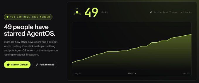 A dark-themed screenshot showing GitHub statistics for AgentOS with 49 stars, including a star history graph trending upward.