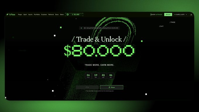 A 'FLOW' website landing page in dark green theme displaying 'Trade & Unlock $80,000' promotion with countdown timers and a 'Search' button.
