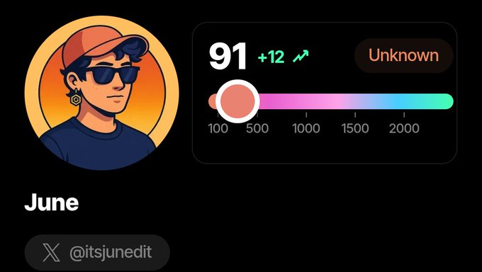 A X/Twitter post showing an anime-style profile picture of a man in a cap and sunglasses, username @itsjunedit, with a follower rank score of 91 (+12), placing between 100-500.
