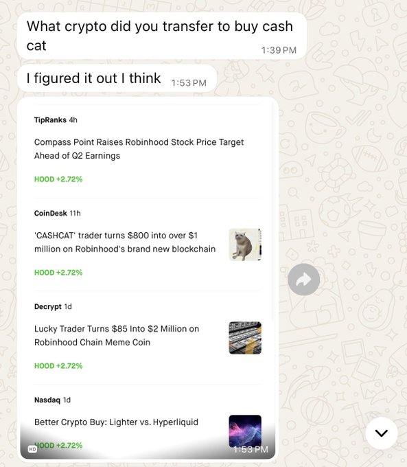 A text message conversation asks 'What crypto did you transfer to buy cash cat' followed by 'I figured it out I think', with a news feed below showing headlines from TipRanks, CoinDesk ('CASHCAT trader turns $800 into over $1 million on Robinhood's brand new blockchain'), Decrypt ('Lucky Trader Turns $85 Into $2 Million on Robinhood Chain Meme Coin'), and Nasdaq, all tagged with HOOD +2.2%.