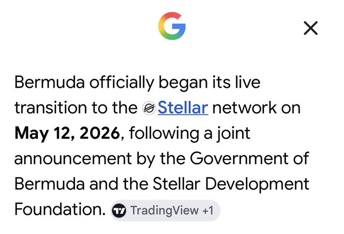 A Google search snippet announcing that Bermuda officially began its live transition to the Stellar network on May 12, 2026, in partnership with the Stellar Development Foundation. The image supports the post's message that Bermuda is methodically migrating its national economy—wages, merchant payments, and government fees—onto Stellar to eliminate the high fees charged by traditional card processors.