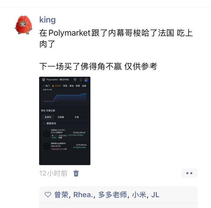 A user named "king" posted about following an insider trader's bets on Polymarket, winning on a France outright bet (shown with $3,526,634.20 payout) and recommending a follow-up bet on Cape Verde not to lose. The screenshot displays the Polymarket trading interface showing active and completed prediction market positions.