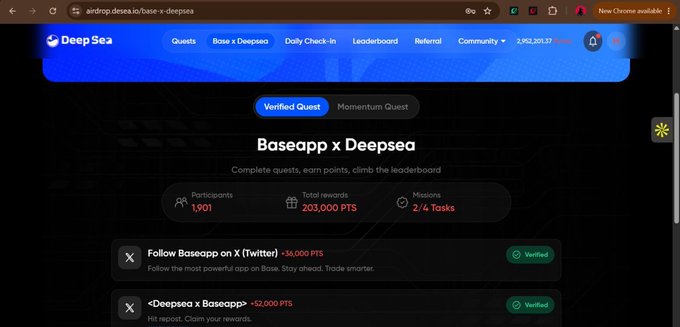 A screenshot of a 'Baseapp x Deepsea' web page showing 1,901 participants, 203,000 PTS in total rewards, and 2/4 missions completed, with tasks to follow Baseapp on Twitter and repost a tweet both marked as Verified.