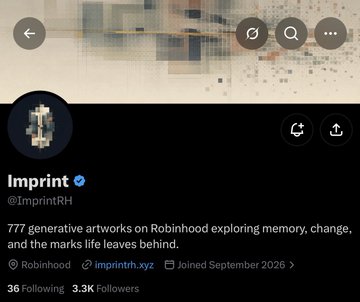 The image shows the X (Twitter) profile page for **@ImprintRH**, an artist with a verified blue checkmark, a following count of 36, and 3.3K followers, joined in September 2026. The bio reads "777 generative artworks on Robinhood exploring memory, change, and the marks life leaves behind," accompanied by a circular profile picture of a pixelated character, matching the post's promotion of Imprint as a generative artwork collection.