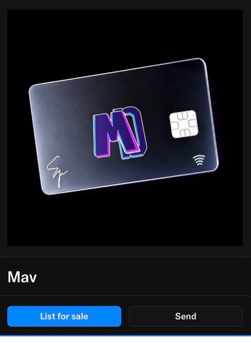 A digital payment card displayed against a black background featuring a 3D purple 'M' logo, EMV chip, contactless symbol, and a signature, with the name 'Mav' shown below and 'List for sale' and 'Send' buttons.