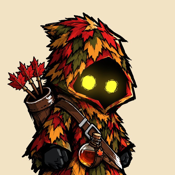 An illustration of a small fantasy character covered in autumn leaves with glowing yellow eyes, carrying a quiver of arrows and a flask of red liquid.
