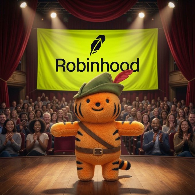 A plush orange tiger mascot wearing a green Robin Hood-style hat with a red feather stands on a theater stage in front of a bright green banner displaying the 'Robinhood' logo and name, with an audience applauding behind it.