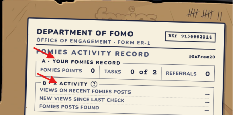 A close-up of a document titled 'DEPARTMENT OF FOMO' with 'OFFICE OF ENGAGEMENT - FORM ER-1' and 'FOMIES ACTIVITY RECORD', redacted with black marker strokes.